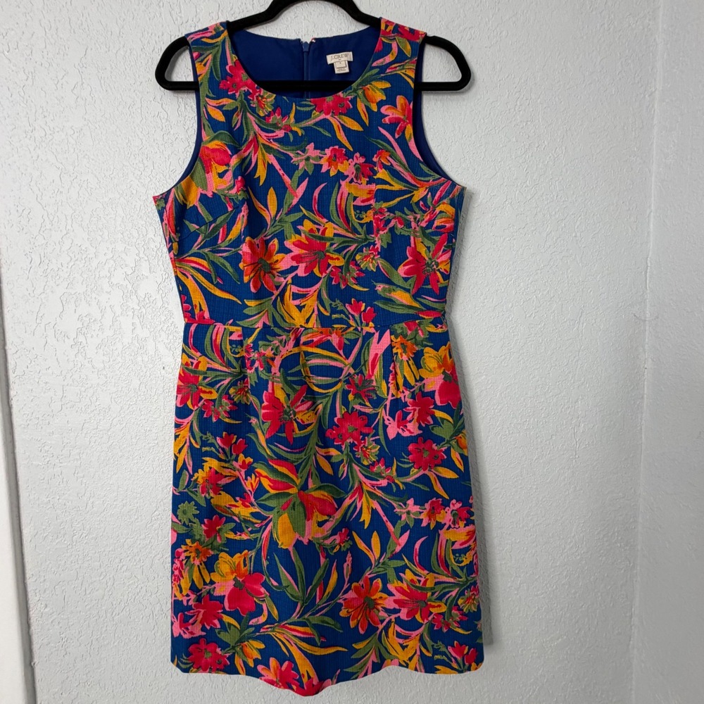J.Crew Womens Tropical Floral Sleeveless Sheath Dress Blue Pink Orange Size 8